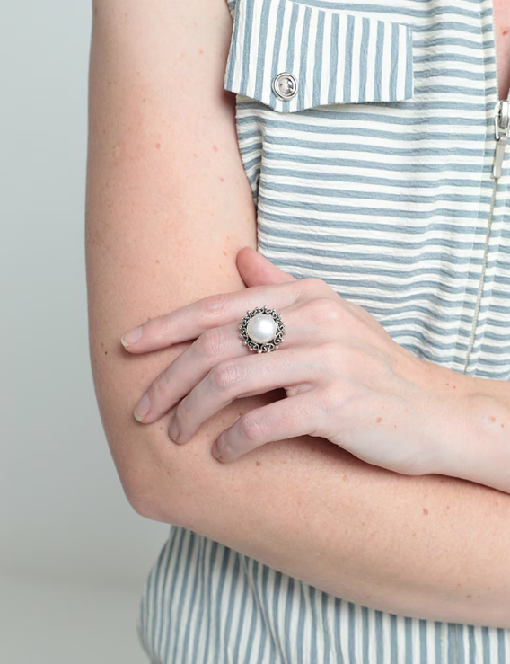 Anillo Perla Grecas Plata